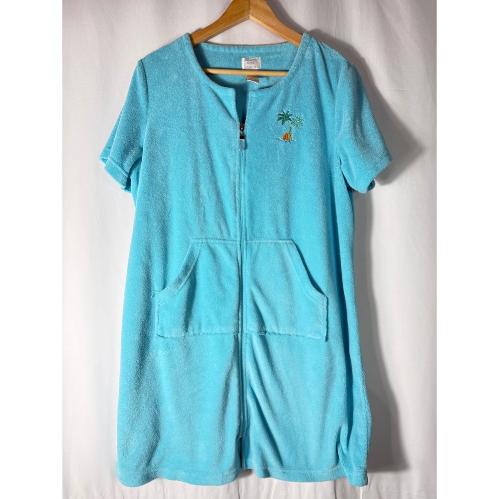 Jasmine Rose Intimates Turquoise Terry Cloth Zip Up Robe‎ Palm Tree Embroidery M